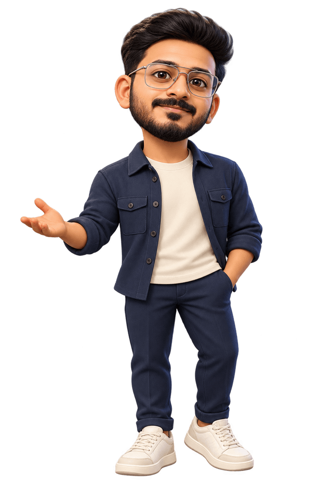 Full-body cartoon avatar of Muhammed Yaseen, wearing glasses and a navy overshirt